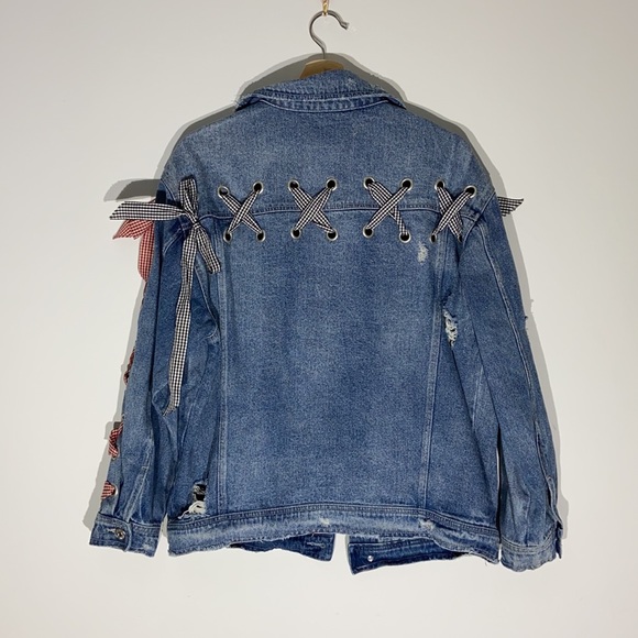 COPY - Zara Blue Oversized Denim Jacket with Gingham Ribbon Detail - Picture 8 of 15